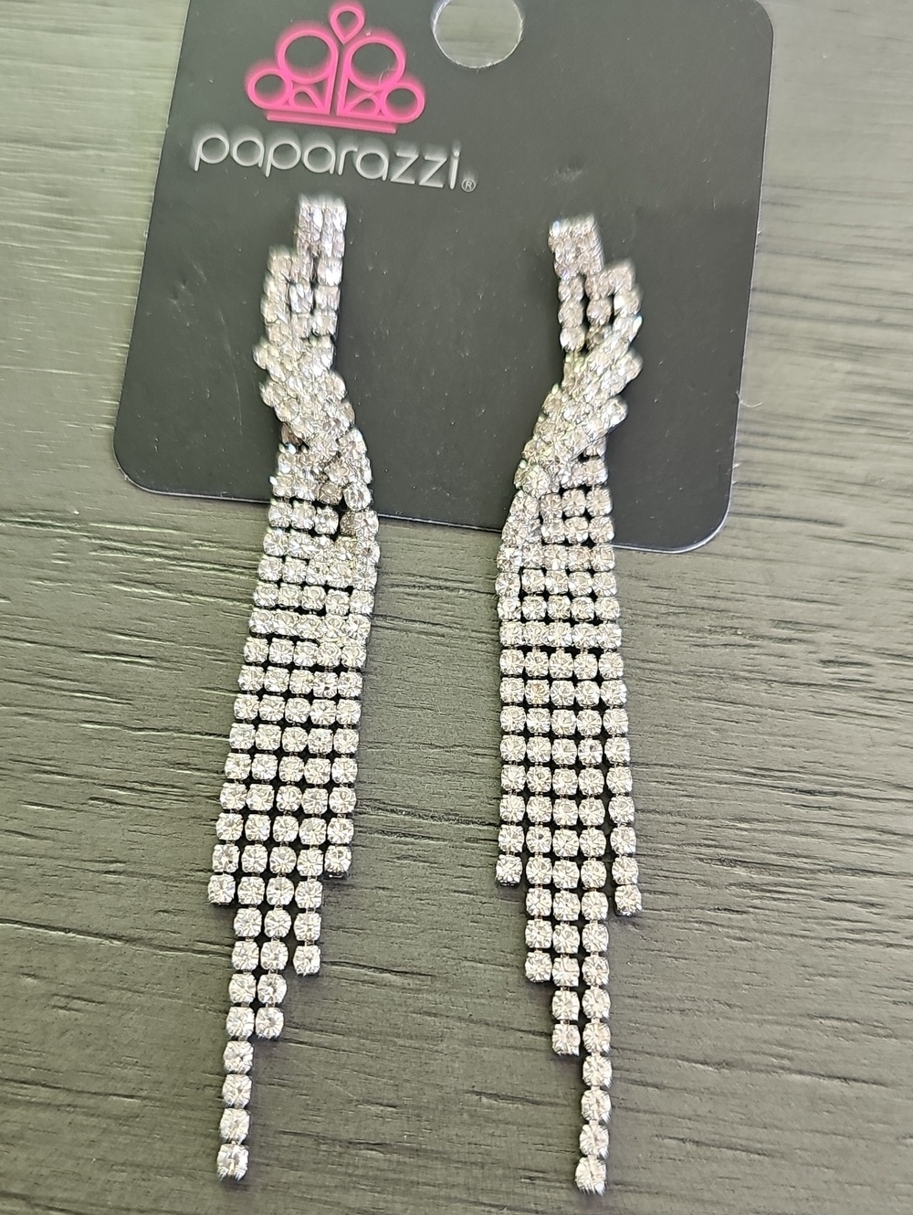 paparazzi Silver Rhinestone Fringe Dangle Earrings